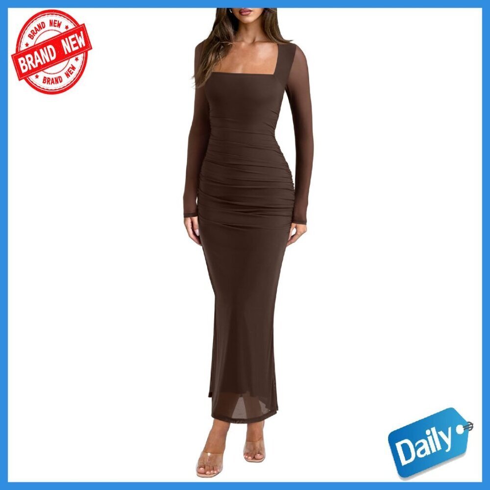 Long Sleeve Maxi Dress Sheer Mesh Square Neck Ruched Bodycon Wedding Guest